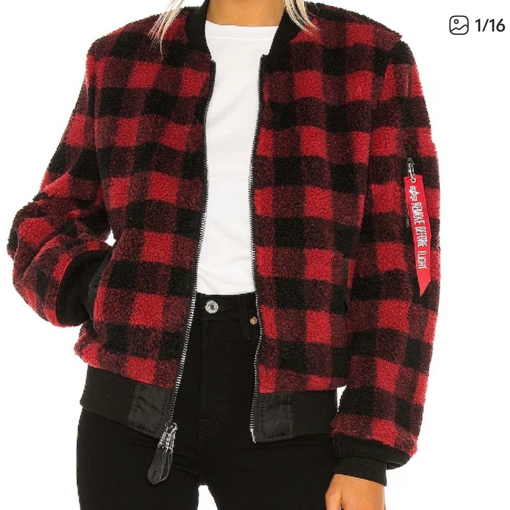 Alpha Industries Red and Black Checkered Bomber Jacket